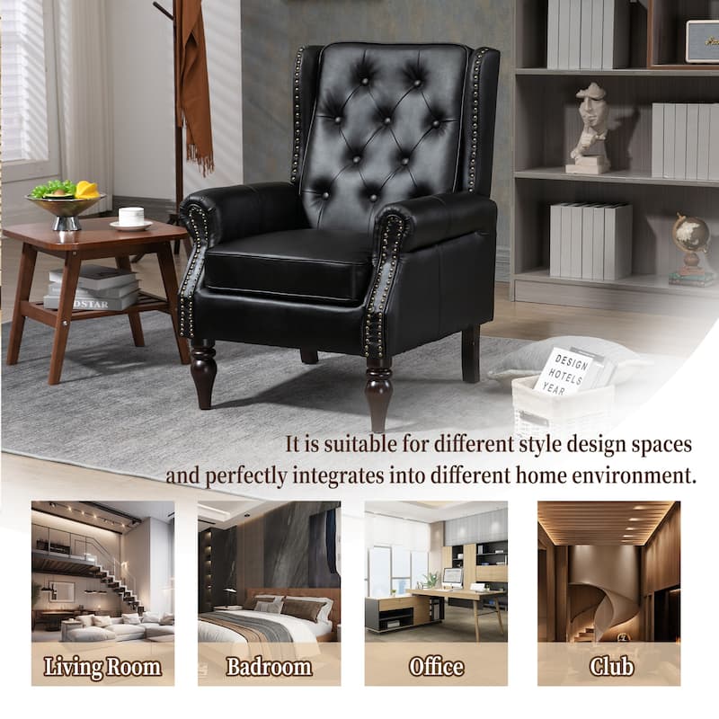 High Back Wood Frame Armchair, Modern Accent Chair Lounge Chair with Wood Legs, Upholstered PU Leather Lounge Chairs