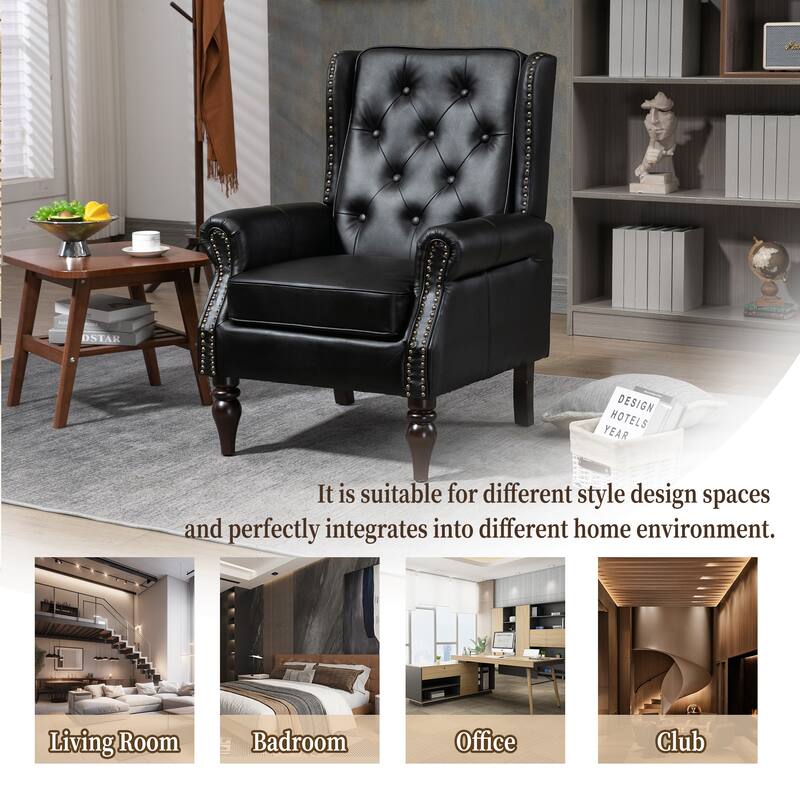 PU Leather Upholstered Accent Chair, Button Tufted Wingback Armchair, Leisure Reading Chair with Solid Wood Legs
