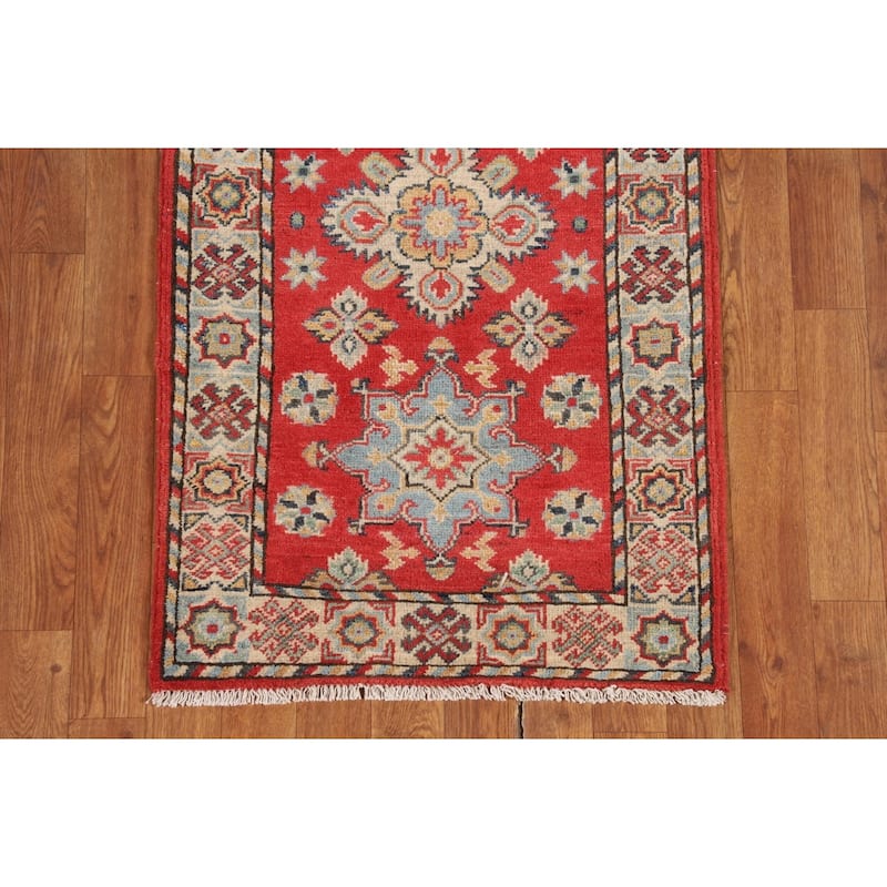 Geometric Red Kazak Runner Rug Handmade Wool Carpet - 2'2" x 5'11"