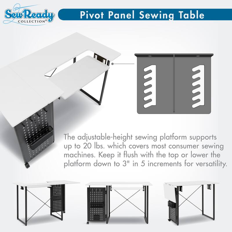 Sew Ready Pivot Sewing Table with Folding Top Adjustable Platform and Storage Peg Panel
