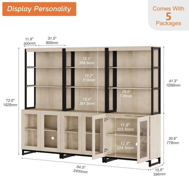 3 PCS Modern 72" Tall Bookcases with Glass Doors and Adjustable Shelves for Home Office, Living room.