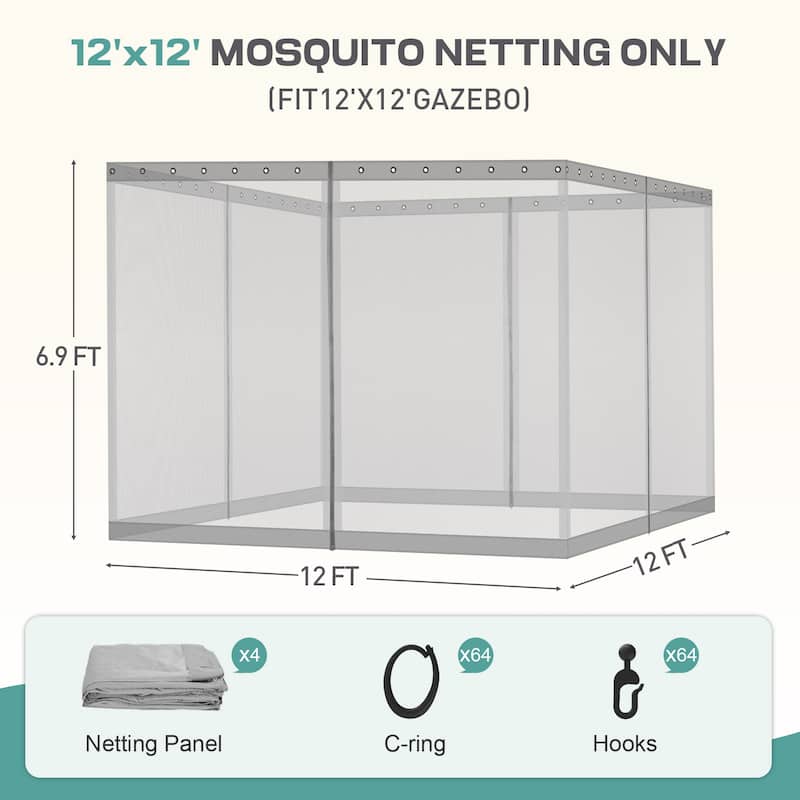Aoodor 12'x12' Replacement Gazebo Mosquito Netting 4-Panel Sidewalls