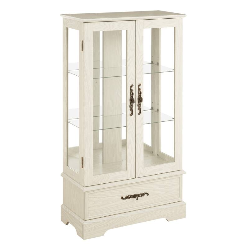 Lighted Glass Display Curio Cabinet with Door, 3 Shelves, Bulb, Drawer