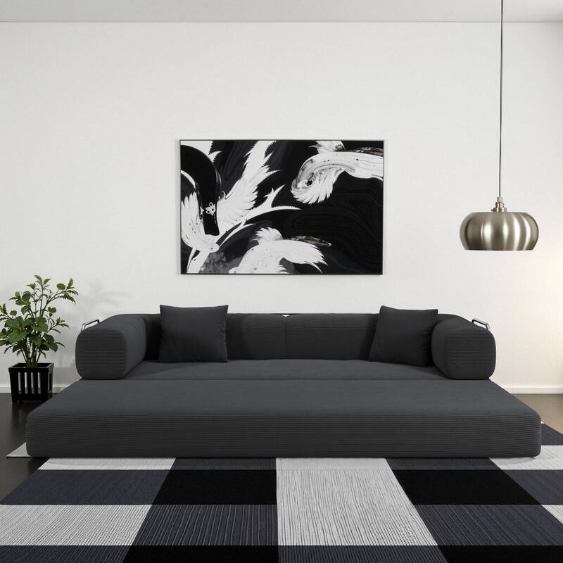 Modular Convertible Sleeper Sofa Bed, Corduroy Fabric Compression Sofa, Floor-Standing Sofa Bed with Armrests & Backrest