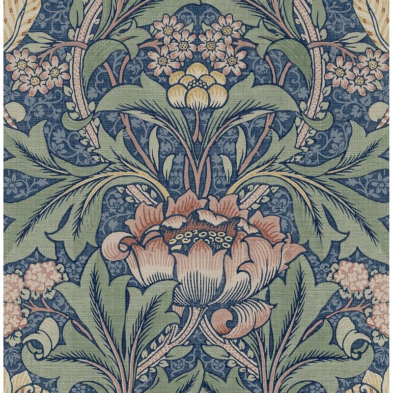 NextWall Acanthus Floral Peel and Stick Wallpaper - 20.5 in. W x 18 ft. L - Denim Blue & Salmon