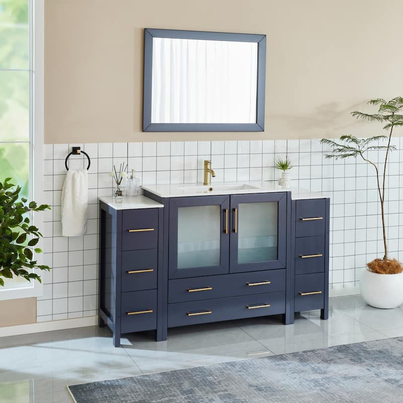 Vanity Art 60-Inch Single Sink Bathroom Vanity Set 8 Dove-Tailed Drawers 3 Cabinets 1 Shelf Soft-Closing Doors with Free Mirror