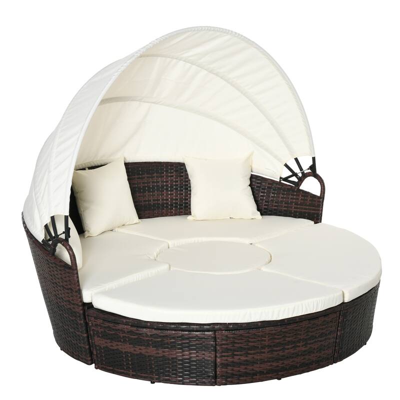 Outsunny 4-piece Cushioned Outdoor Rattan Wicker Round Sunbed or Conversational Sofa Set with Sun Canopy