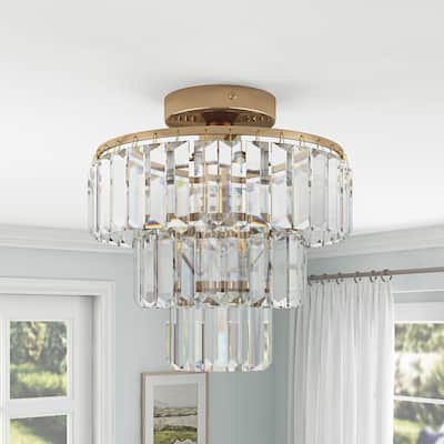 Modern French Gold 3-Tier Crystal Semi Flush Mount Ceiling Light for Bedroom Kitchen