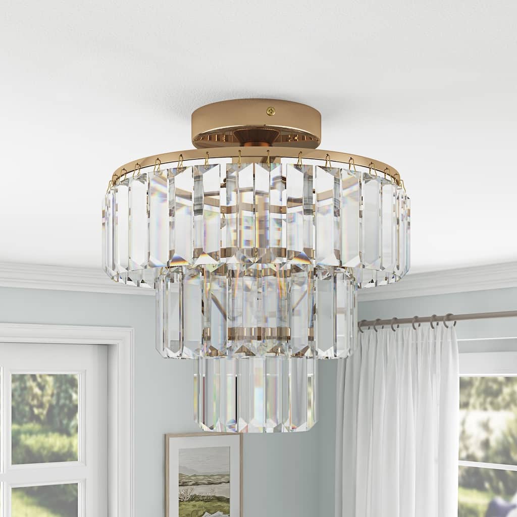Modern French Gold 3-Tier Crystal Semi Flush Mount Ceiling Light for Bedroom Kitchen