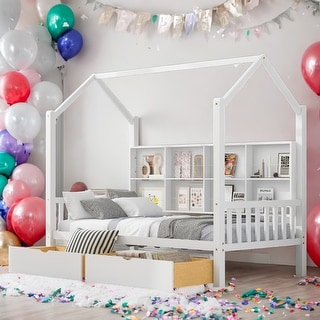 Twin Size Wooden House Bed Kids Bed with 2 Drawers and Storage Shelf