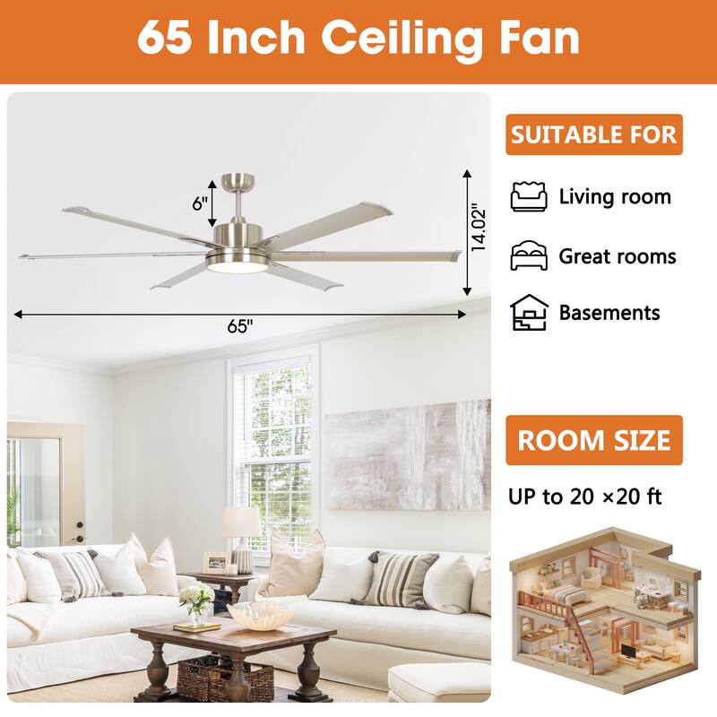 65-inch Nickel Aluminum 6-blade LED Ceiling Fan with Remote