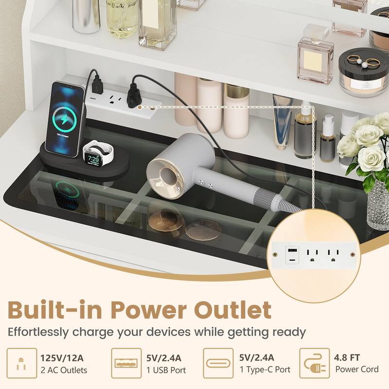 Gymax Small Vanity Desk w/Mirror Lights Charging Station Glass Top
