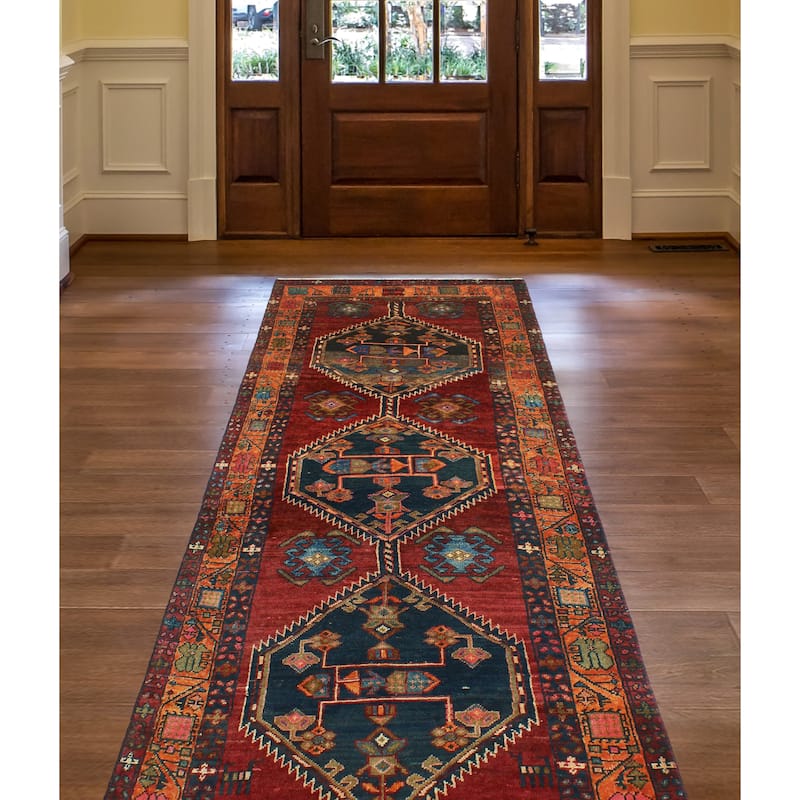 Fine Vintage Distressed Kuliraga Burgundy/Charcoal Runner - 3'5" x 9'3"