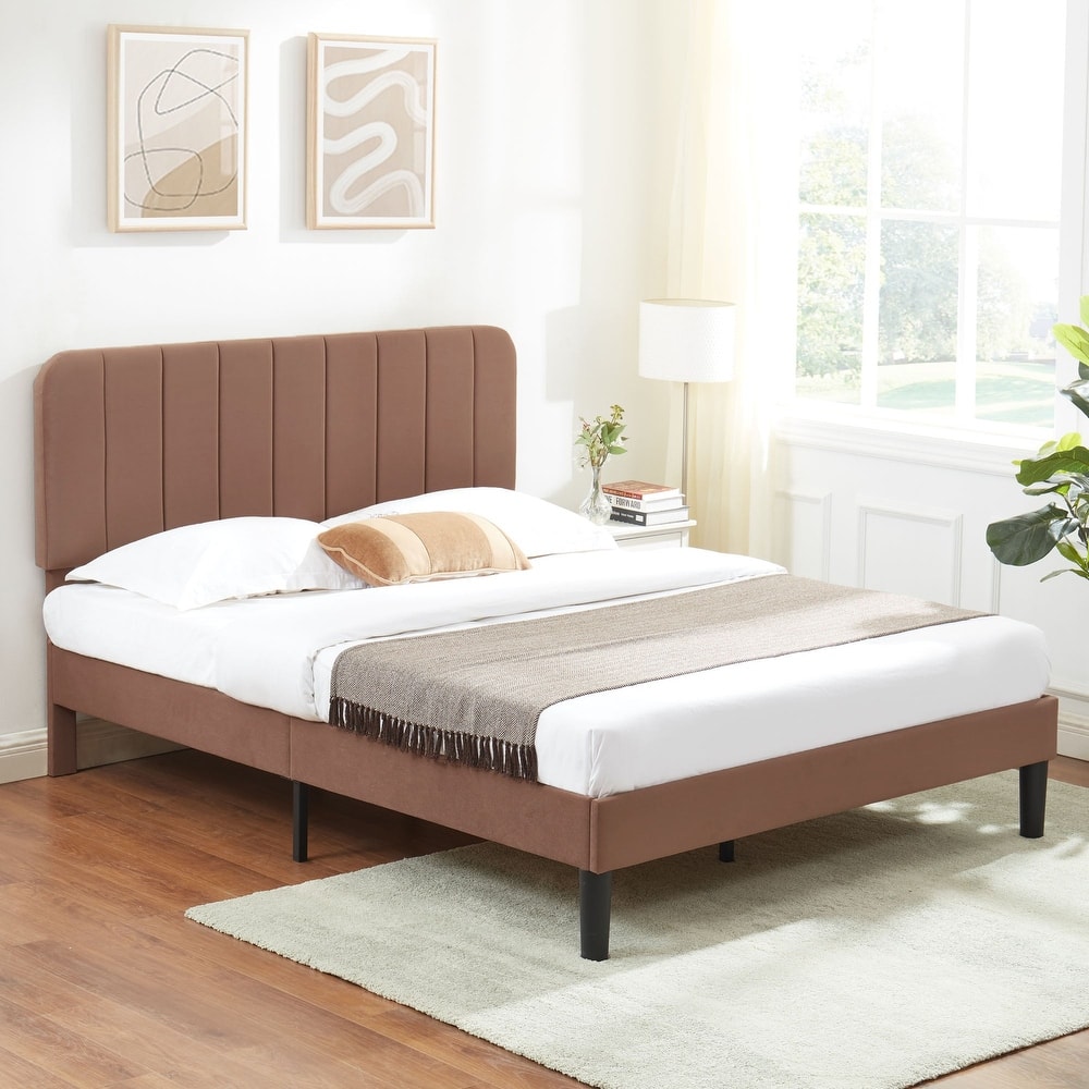 VECELO Modern Upholstered Platform Bed Frame with Adjustable Velvet Headboard Under-Bed Space for Storage No Box Spring Needed