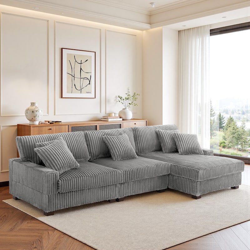 118.3" W Plush Corduroy Square Arm Upholstered Sectional Modular Sofa - Light Grey - Right Facing