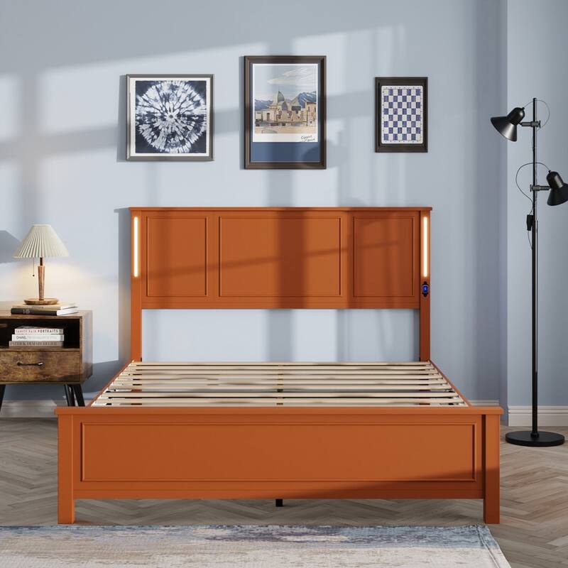 Platform Bed Frame with Wood Headboard and Footboard,Charging Station and LED Lights - Queen - Antique brown