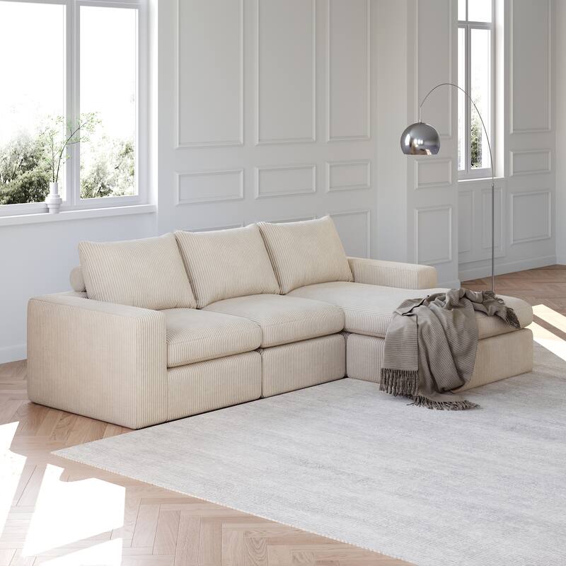 Corduroy Cloud L-shaped Sectional Sofa with Chaise and Pillows - Beige