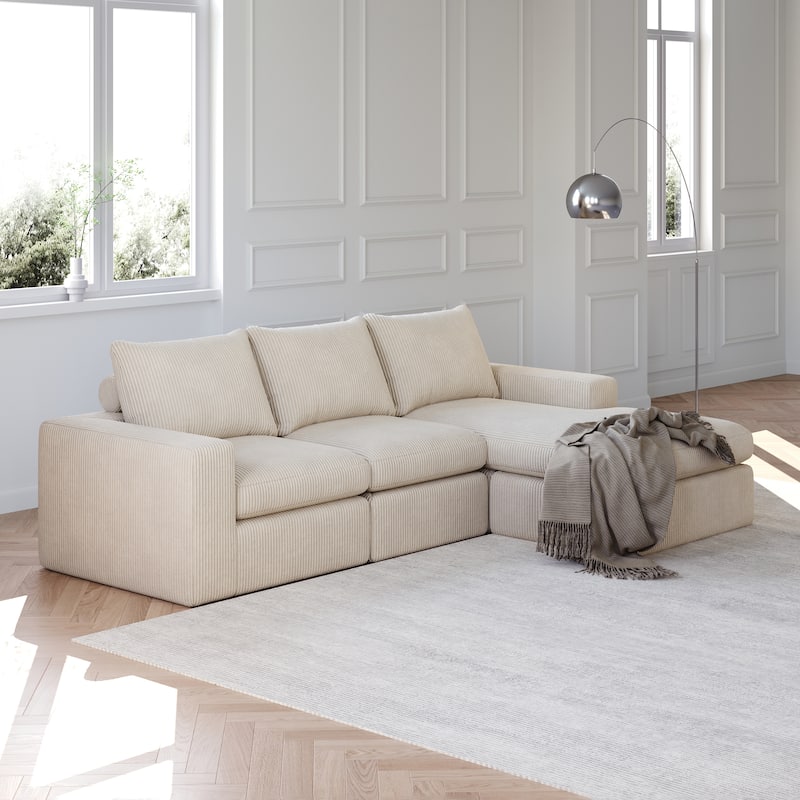 Roomfitters Modern 3-Seater Corduroy Cloud Sectional Sofa with Chaise, L-Shaped Boneless Couch with Pillows - Beige - 3 Seater