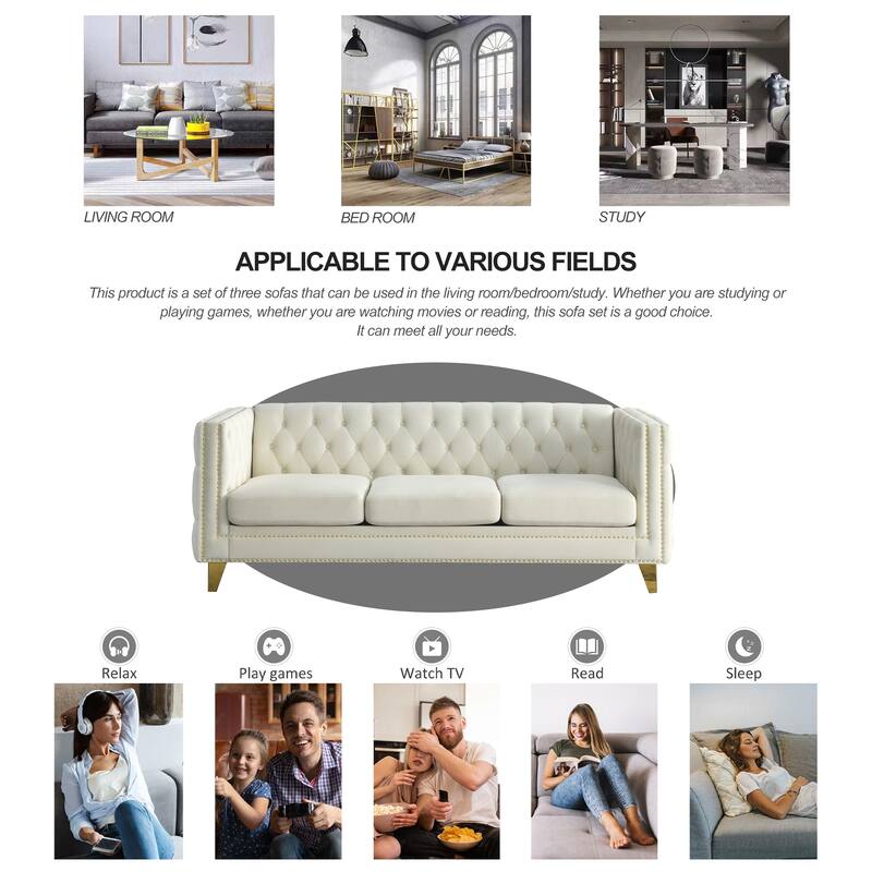 Modern Velvet Chesterfield Sofa for Living Room, Button-Tufted 3-Seater Couch with Square Arms and Metal Legs