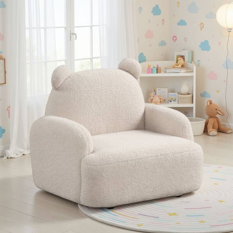 Raye Bear Shaped Kids Armchair with Black Legs, Beige Teddy Velvet