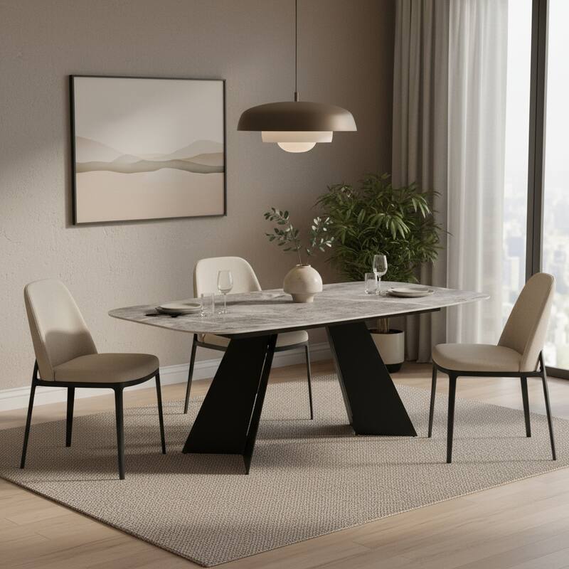 HomeRoots 94" Gray and Black Faux Marble Ceramic and Steel Double Pedestal Base Dining Table - Gray - 93.50 in. x 30.00 in. x 43.50 in.