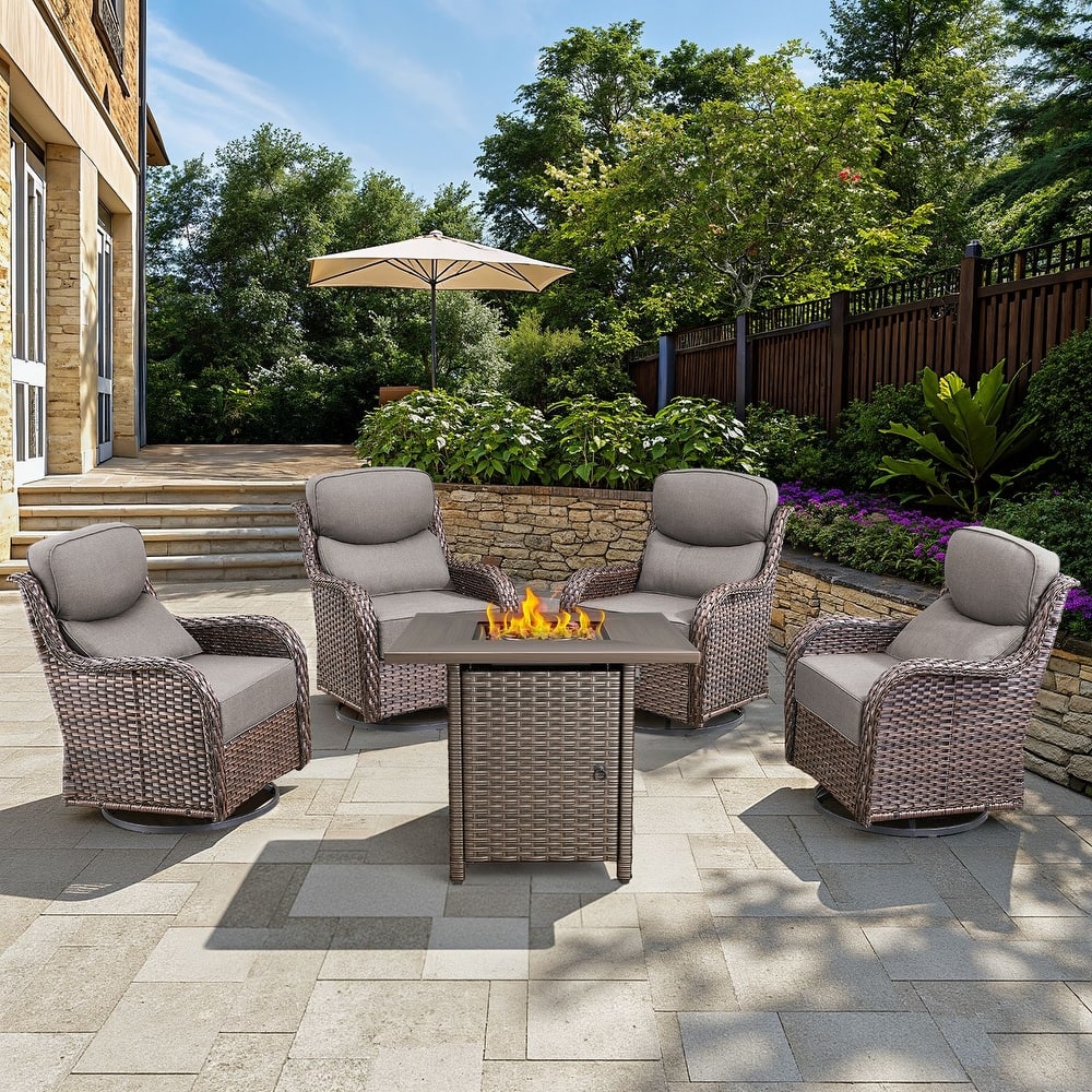 Meyreso 5-Piece Patio Conversation Set with 4 Swivel Glider Chairs and Wicker Square Fire Pit