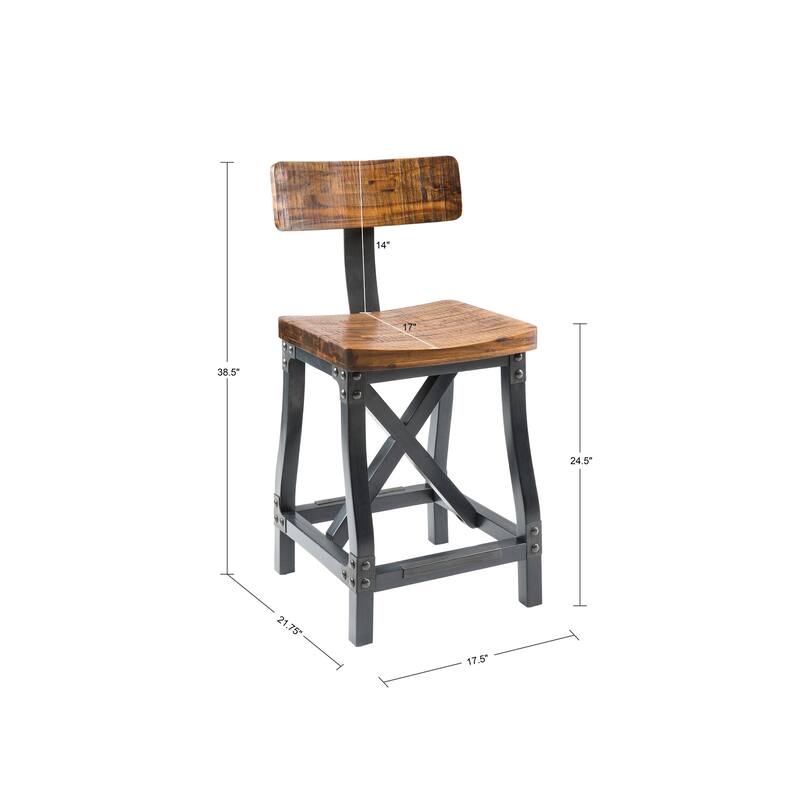 Roomfitters 24-Inch Industrial Counter Stool, Solid Acacia Wood Frame with Removable Back and Rivet Details, Amber