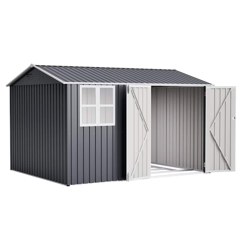 10X8FT Outdoor Steel Storage Shed with Clear Window, Lockable Doors, Weather-Resistant Metal Tool Shed, Gray