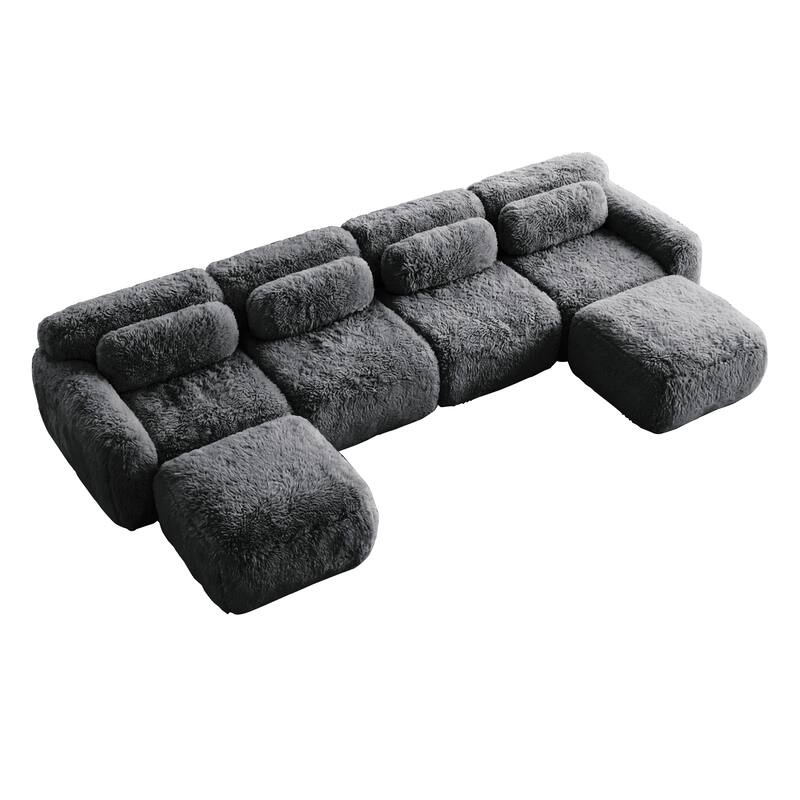 Homy Casa Modular Sectional Sofa, Dark Grey Plush Fabric with Non-Slip Base, No Assembly Living Room Couch with Pillows