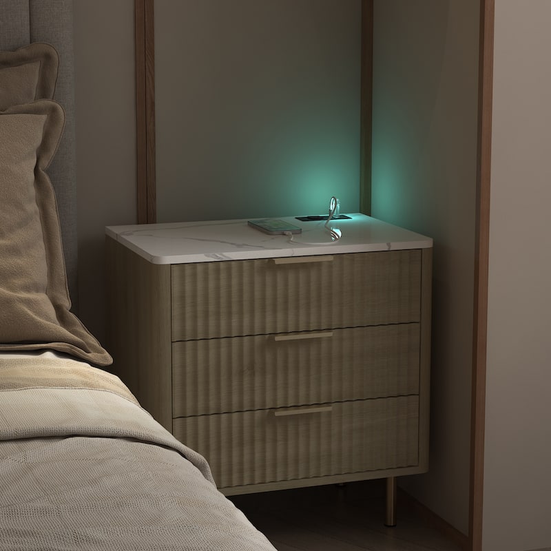 Nightstand with Charging Station & Night Light, Modern Bedside Table with Storage Cabinet