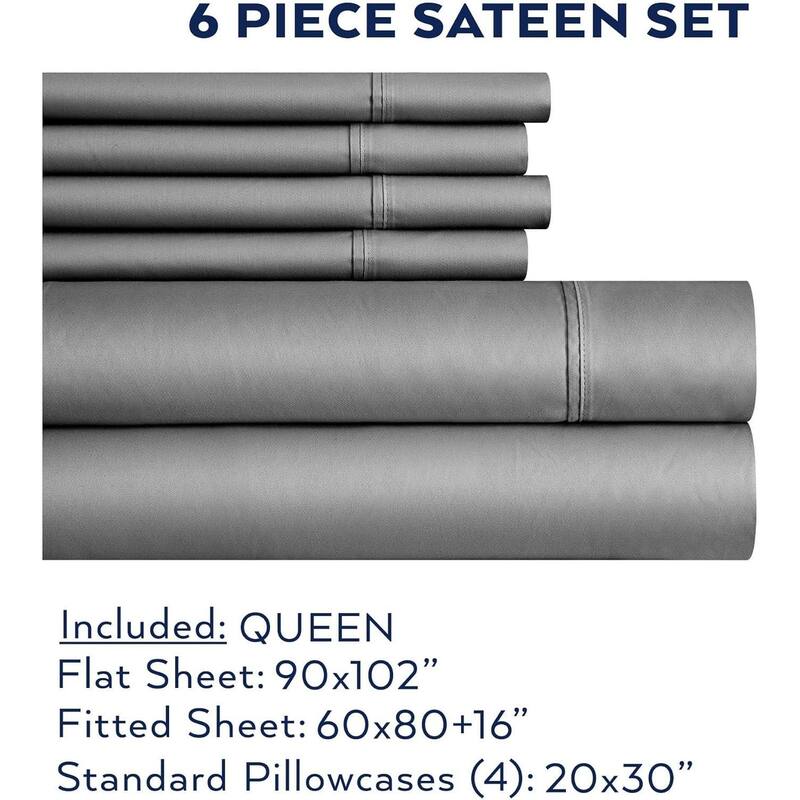 Thomasville 1500 Thread Count Dark Grey 6 Piece Premium Cotton Rich Sateen Sheet Set - Queen