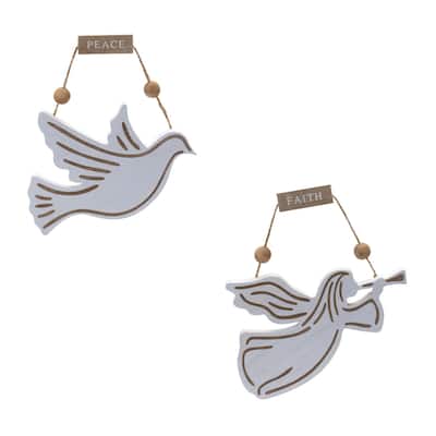 Dove and Angel Christmas Ornaments - 6.5" - White and Brown - 6ct