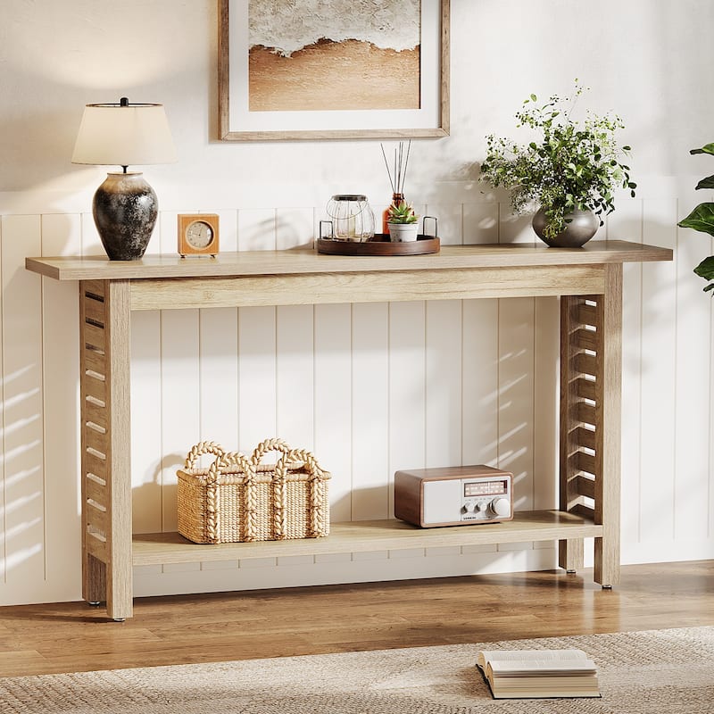 Tribesigns 2-Tier Farmhouse Console Table, Long Narrow Wood Grain Finish Entryway Table - Natural