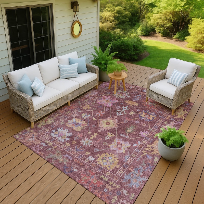 Machine Washable Indoor/ Outdoor Boho Traditional Chantille Rug - 8' x 10' - Burgundy