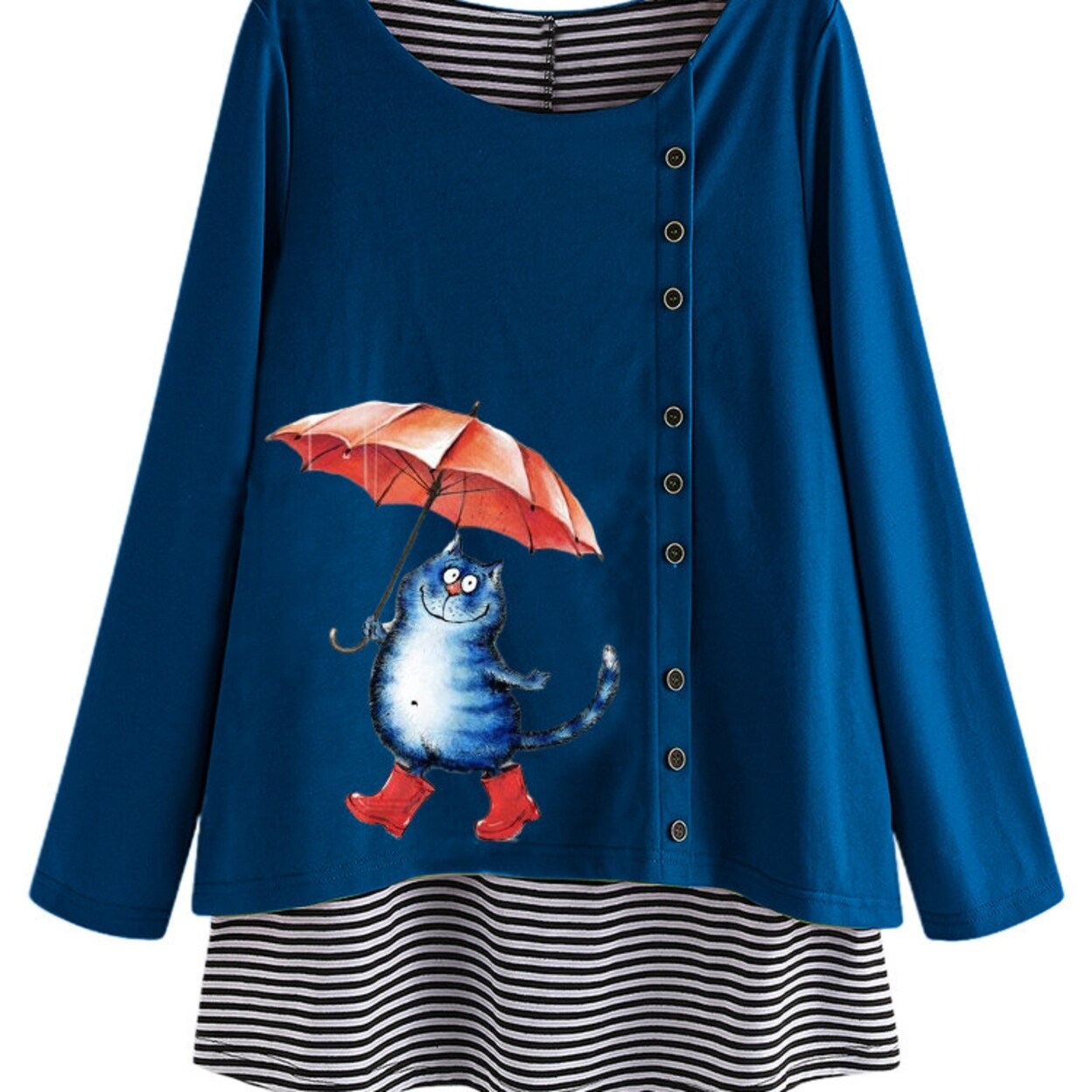 Shop Cartoon Cat Print Stripe Fake Two Pieces Long Sleeve Blouse M Overstock