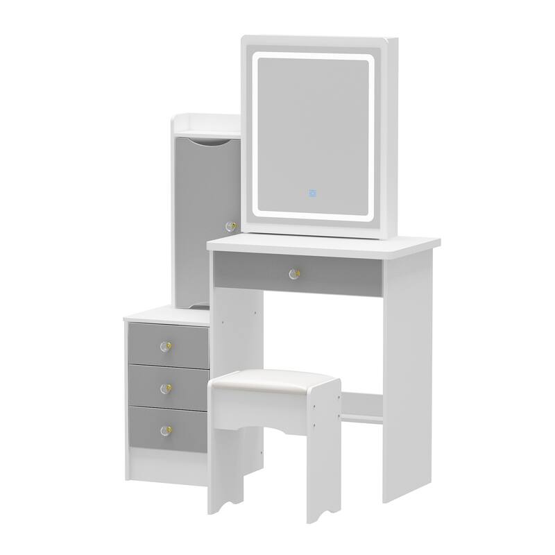 Makeup Vanity Set with Sliding Lighted Mirror & Stool - Hidden Shelves - 33"L x 15.7"W x 52.4"H