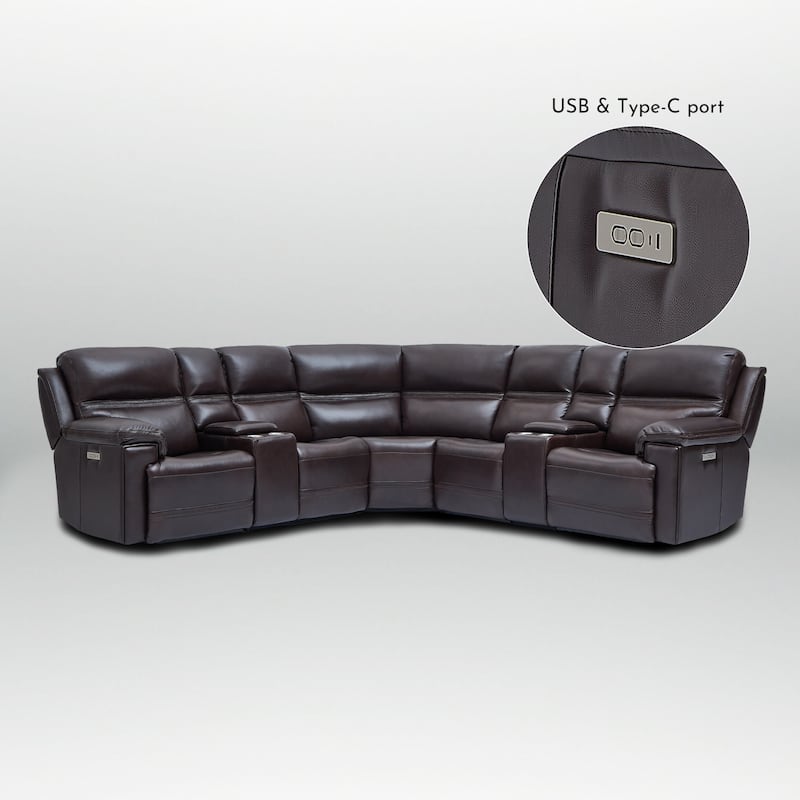 7PCS, 3 power Recliners, Dual-Power Genuine Leather Reclining Sectional with Console, Zero Gravity