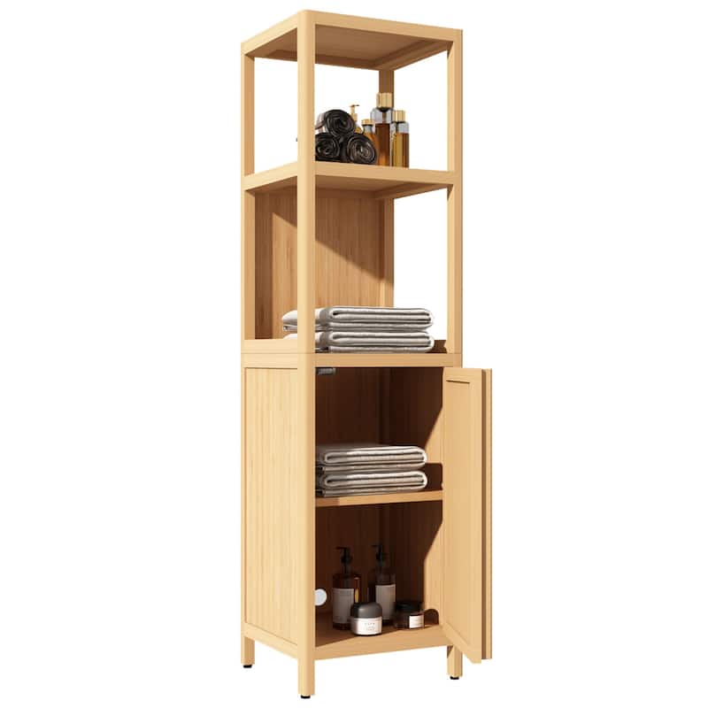 52" Tall Wood 1-door Bathroom Cabinet in Natural with Open Shelf