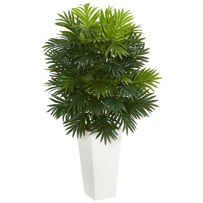 Bamboo Palm Plant Artificial Indoor Greenery White Vase Home Office Decor - Green - 40