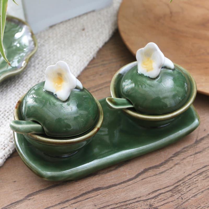 Novica Handmade Summer Frangipani Ceramic Condiment Set (5 Pcs)