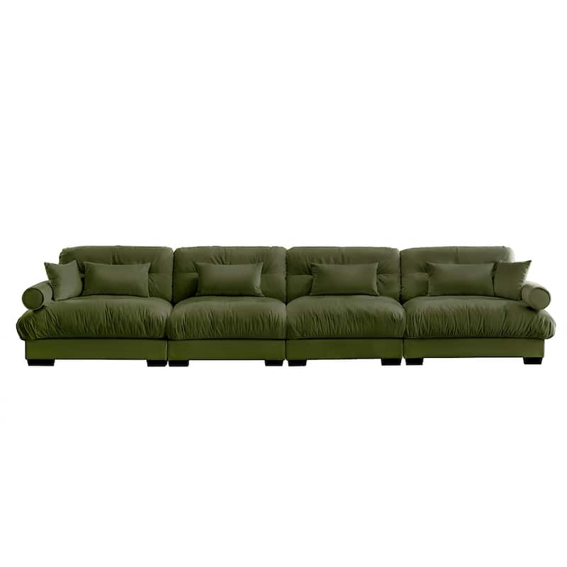 166" Velvet 4-Seater Sofa with Bolster Armrests, High-Resilience Sponge Cushions