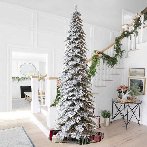Glitzhome 15 Foot Pre Lit Flocked Pencil Spruce Artificial Christmas Tree with 1400 LED Lights 15ft