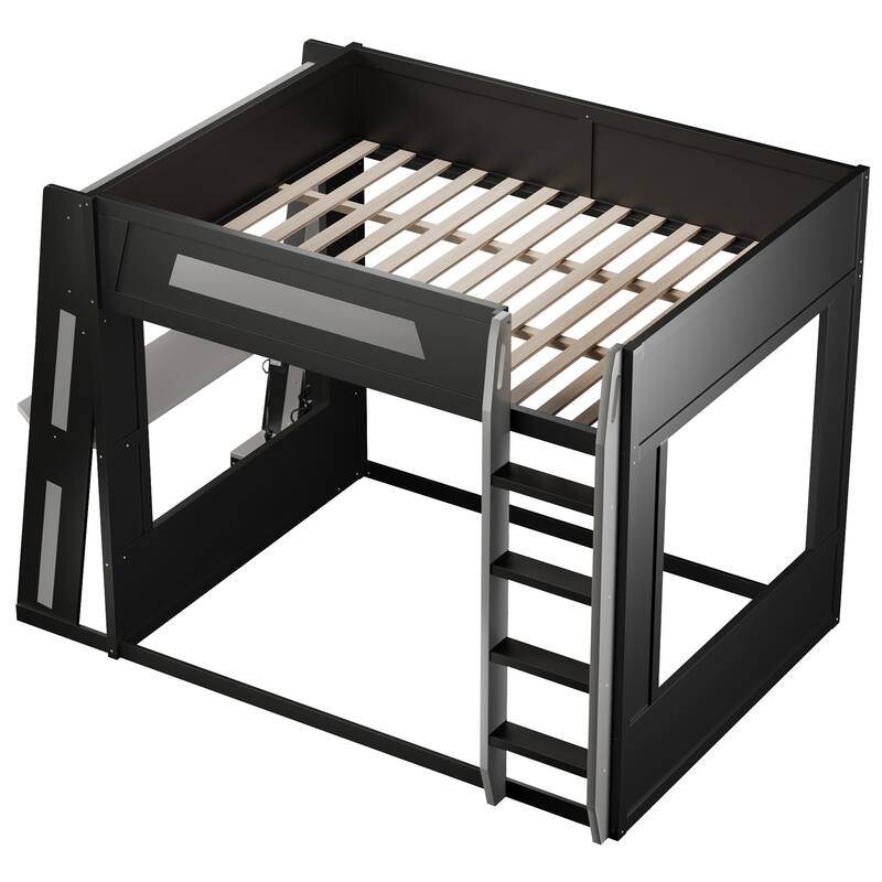 Gaming Bunk Bed with Computer Desk, Storage Shelves, USB Port and LED Strip Lighting, Esports Design, Wooden Gaming Bed