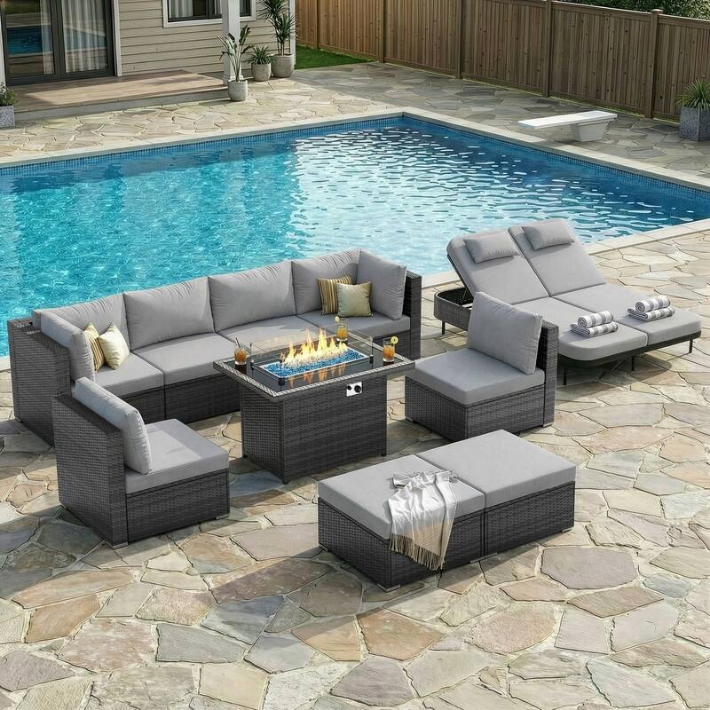 Outdoor Sectional Conversation Set PE Wicker with Double Chaise Lounge, 60,000 BTU Fire Pit Table - 10-Piece/Ottoman - Light Gray