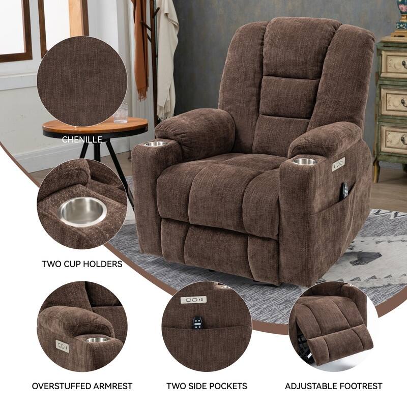 Large Power Lift Recliner with Massage & Heat - Heavy Duty Wide Recliner Chair for Elderly, USB/Type-C Charging, Cup Holders
