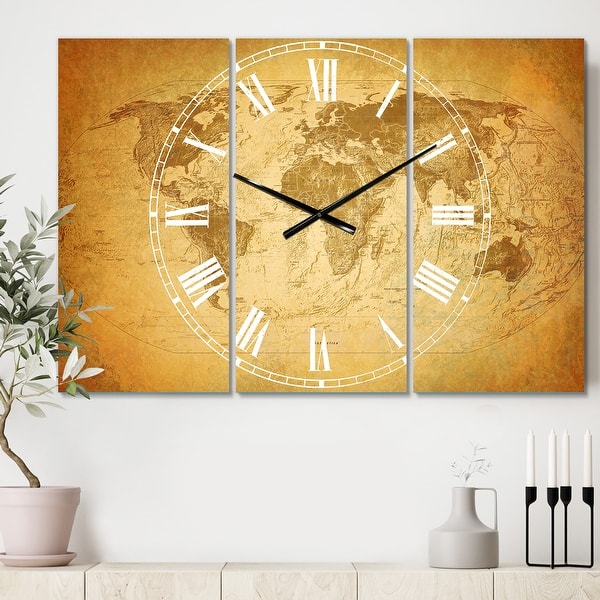 slide 2 of 6, Designart 'Vintage Classic Map' Cottage 3 Panels Oversized Wall CLock - 36 in. wide x 28 in. high - 3 panels
