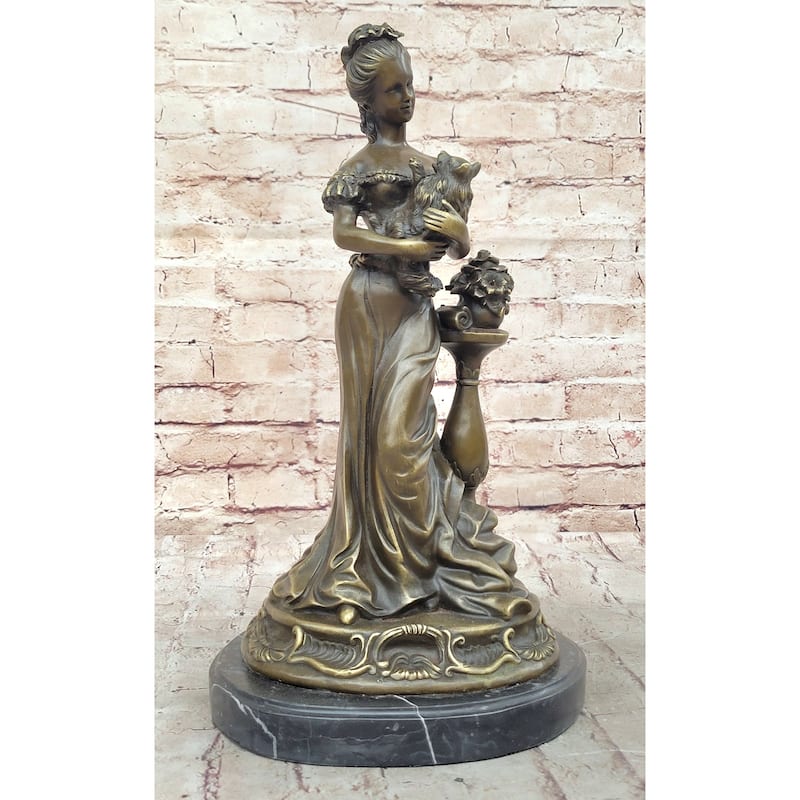 Victorian Edwardian Era European Young Woman Holding Puppy Imitative Dog - Bronze Sculpture By Milo