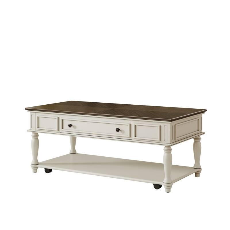 Farmhouse 47.2" Coffee Table with Drawer, Retro Design Easy Assembly and Movable Lockable Wheels for Living Room