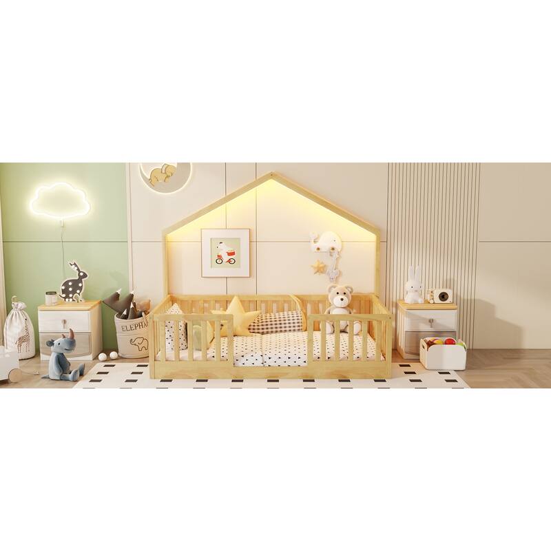 Roomfitters Twin/Full Floor Platform Bed, House Frame and LED Light with Wooden High Rails for Bedrooms or Guest Rooms