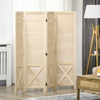 HOMCOM 4 Panel Pegboard Display Room Divider, 4.5’ Tall Wood Indoor Portable Folding Privacy Screen